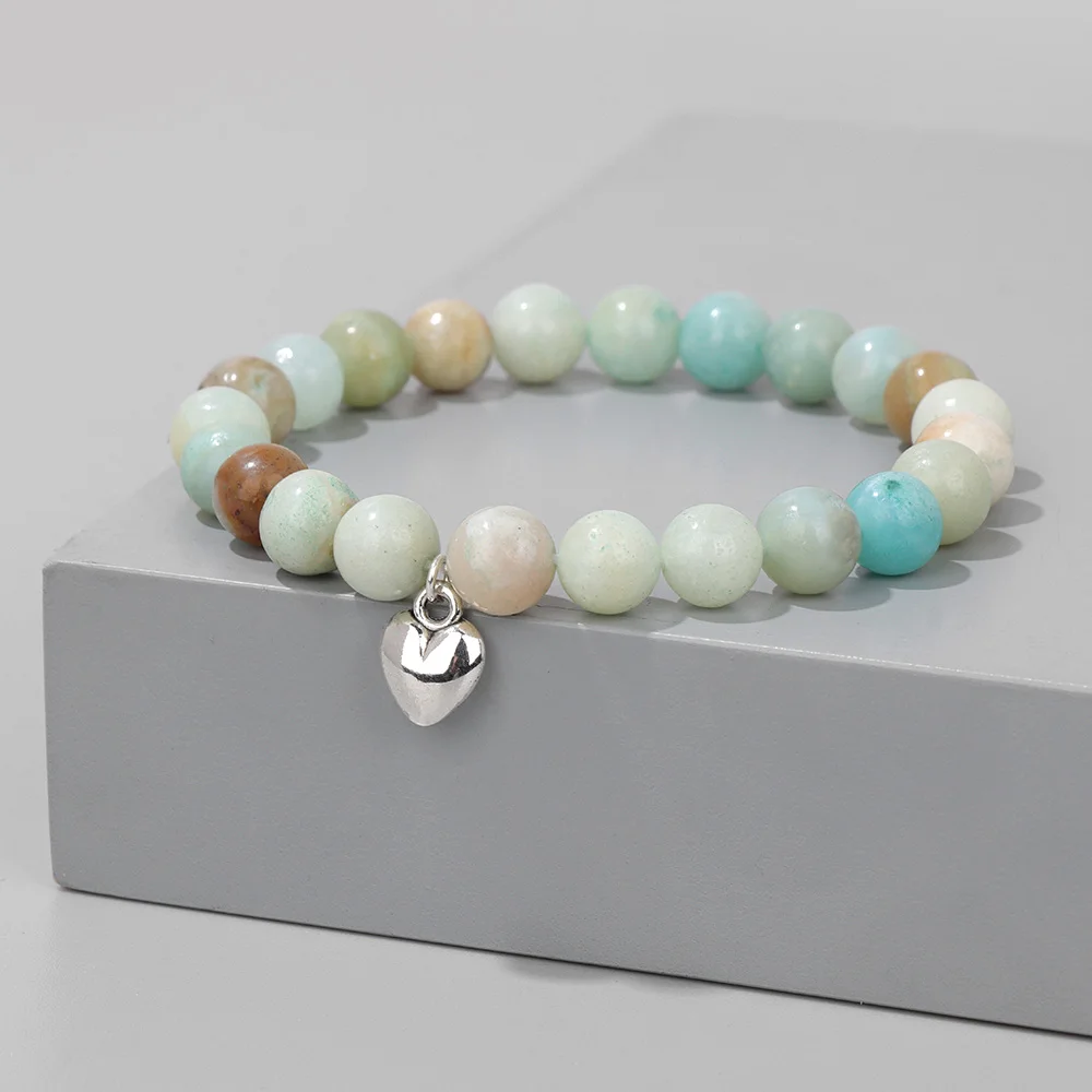 Romantic Heart Shape Pendant Bracelet Women 8mm Natural Stone Amazonite Agates Beads Charm Bracelets Men Couples Jewelry Gift