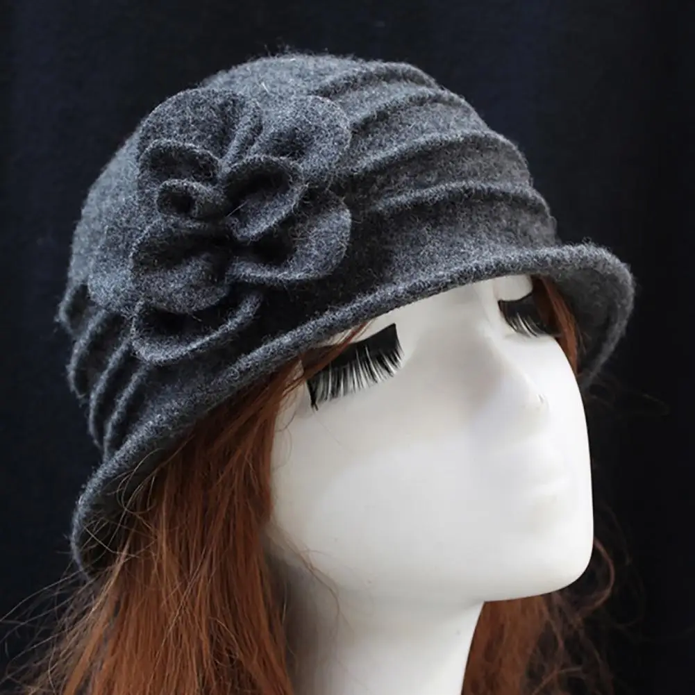 New in Women'S hat Flower Decor new Wide Brim 2025 Round Dome Woolen Hat Middle Aged Ladies Bucket Hat Dropshipping