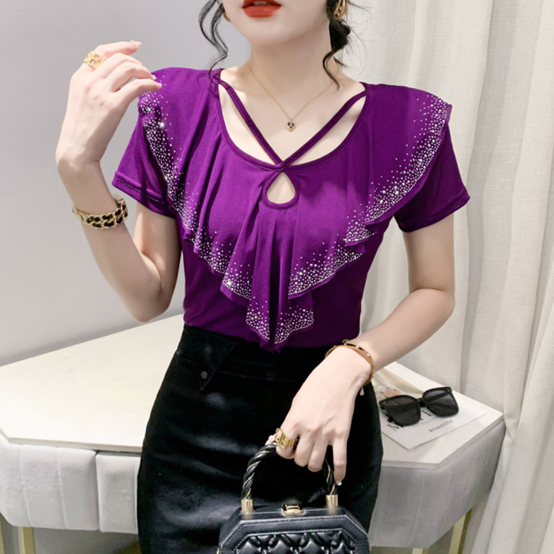 #5410 Summer T Shirt 2025 Women Short Sleeve Sexy Office Mesh new T Shirt Ruffles Dias Sexy Tight Elastic T Shirt Female Hollow Out