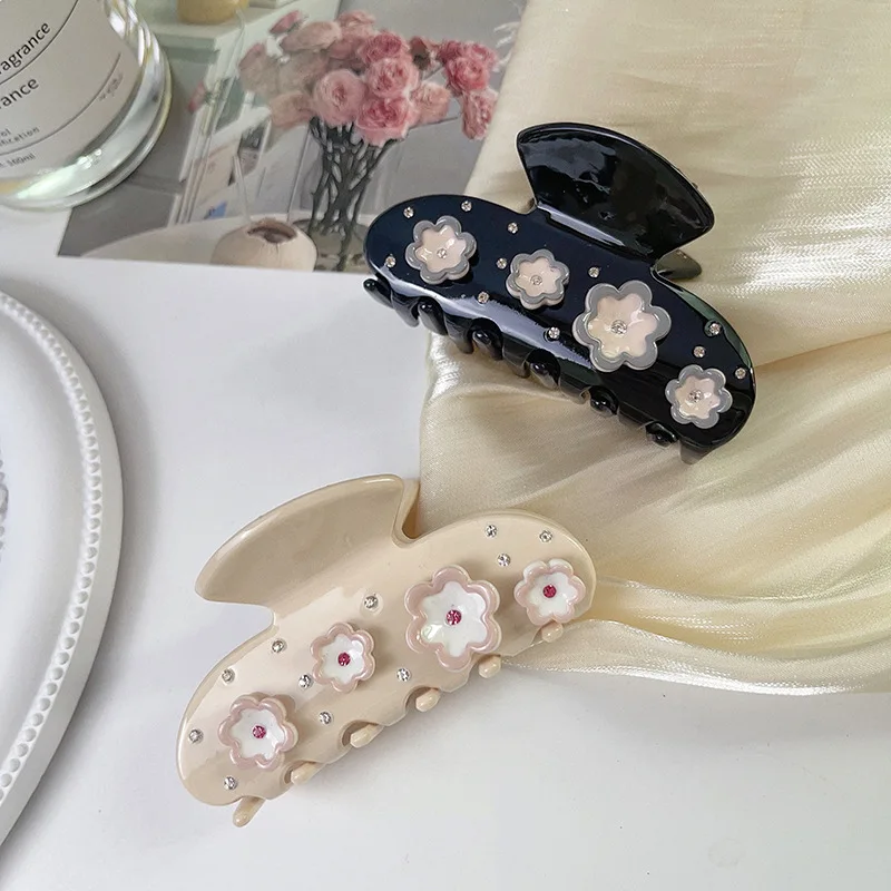 Muweordy 8cm Flower Hair Clip with Diamond Hair Claw Korean Elegant Acetate Claw Clip Crab Hair Clip Hair Accessories for Women