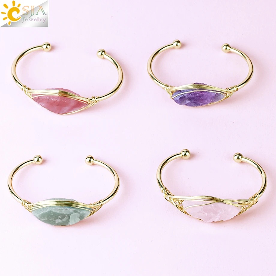 CSJA new Gem Stone Open Cuffs Bracelets Crystals Natural Stones 2025 Bangles Gold Color Wire Wrap Bracelet for Friend Bijoux Femme G866