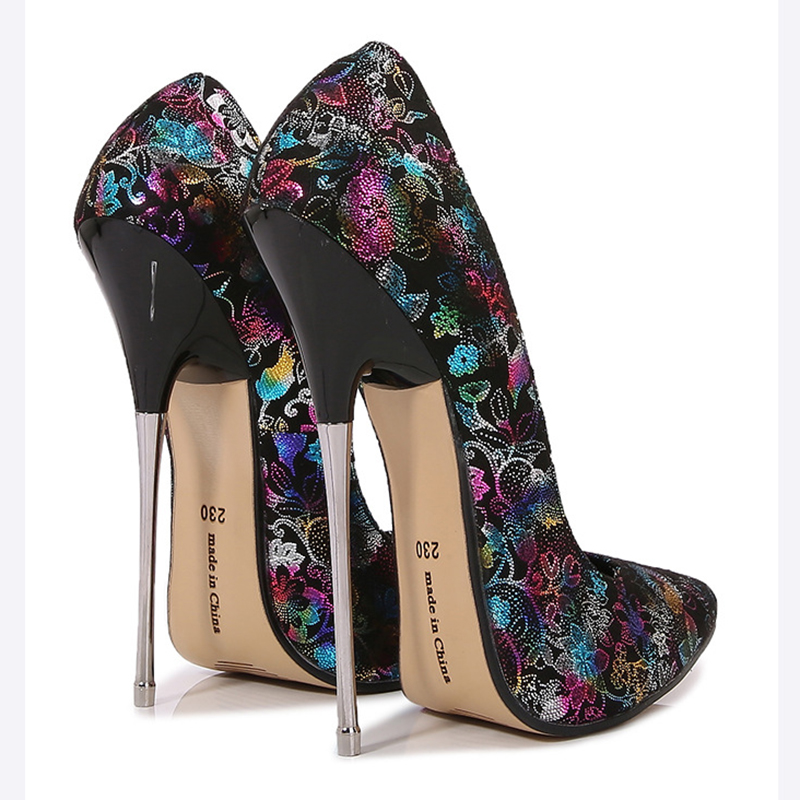 Newly 16cm Man Metal Extreme High Heels Bling Shiny Flower Print Stilettos Sexy Women Pumps Fetish Model Party SM Unisex Shoes