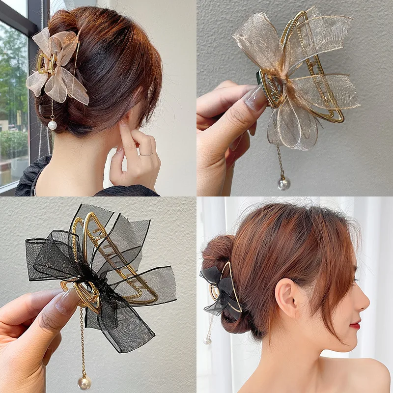 Korean Mesh Bow Tassel Grab Clip Girls Elegant Crab Ponytail Braid Claw Clip Women Delicate Bath Hair Accessories