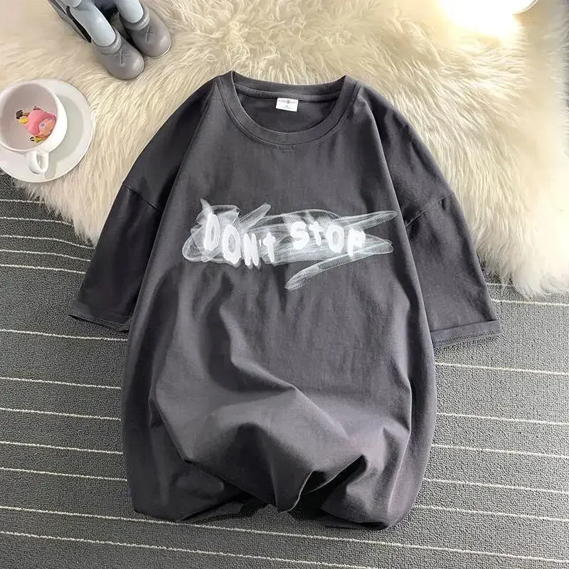 Summer creative letter 2025 printing small lovers loose new casual t-shirt versatile handsome men and women half sleeve short sleeve top