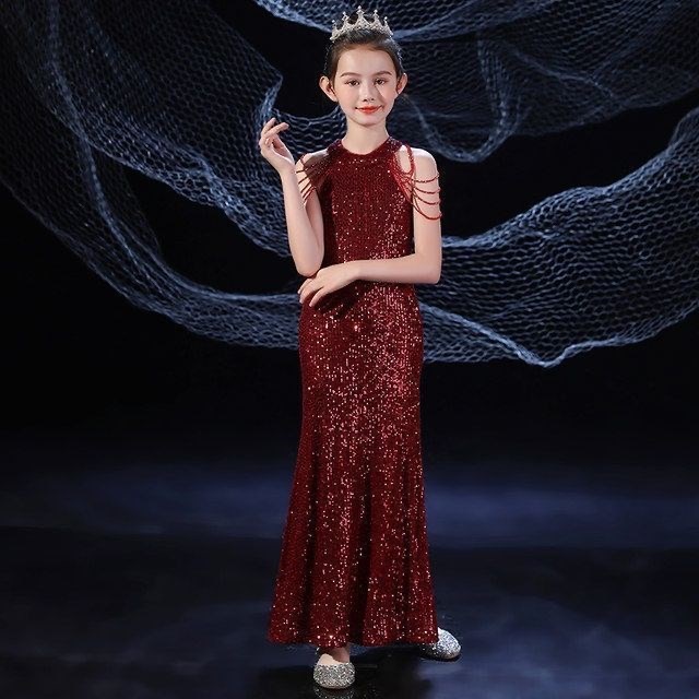 Long Boho Flower Girls Dresses For Wedding sequined mermaid Floor Length Lace Little Kids First Communion Dress Vintage sequined off shoulder Girls Pa