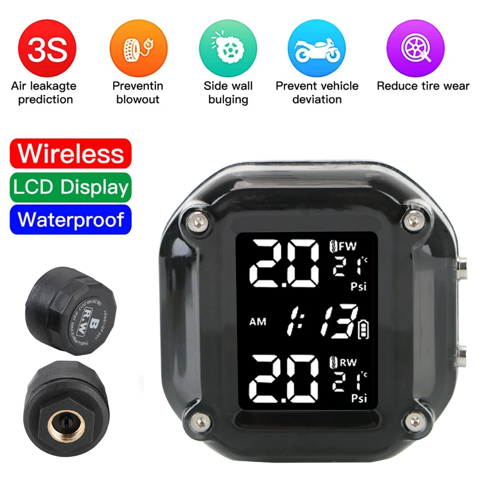 Motorcycle TPMS Sensor LCD Display Motor Tire Pressure Temperature Monitoring Alarm System With 2 External Sensors USB Charging