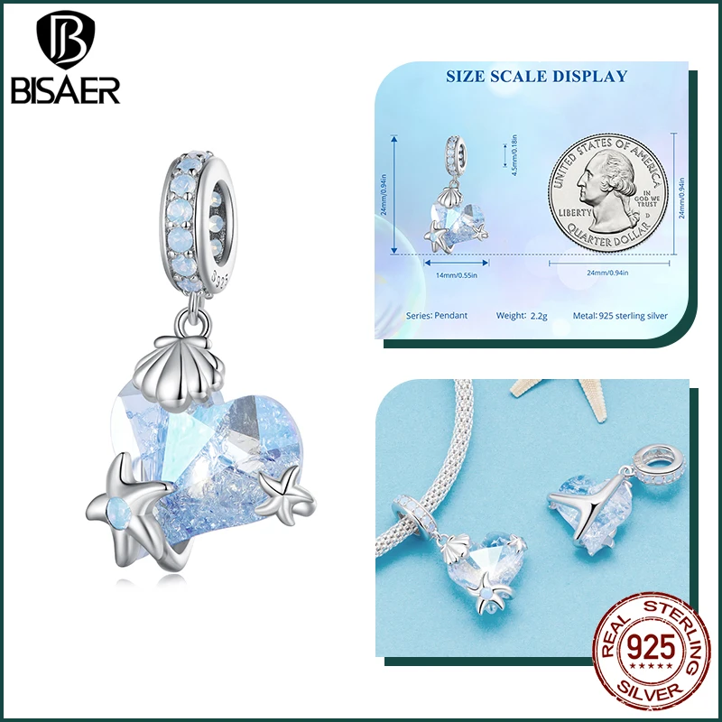 BISAER 925 Sterling Silver Dreamy Oecan Animals Charm Crab Bead Seahorse Turtle Pendant For Women DIY Bracelet Necklace Jewelry