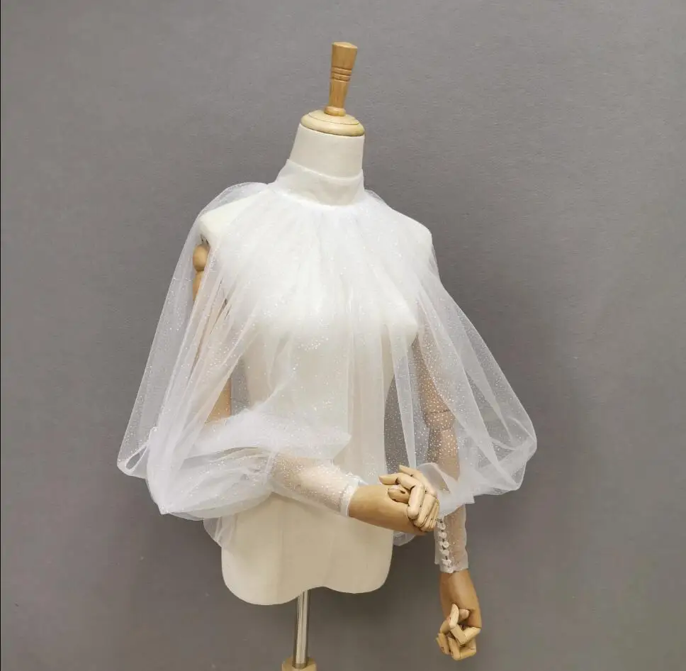 Wedding Long Sleeve Korean Shiny Tulle High Neck Covering Bridal Shawl