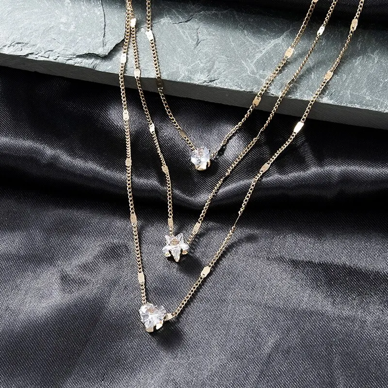 2025 3 Pcs new Gold-Color Simple Multilayered Pendant Necklace For Girls Women Star Heart Shaped Pendant Necklace Jewelry For Birthday Gi