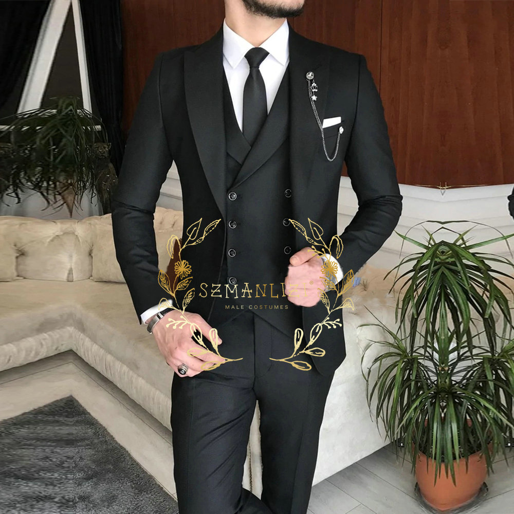 New Arrival Male Suits 2025 Slim new Fit 3 Pieces Peak Lapel Dark Green Classic Men Wedding Suits Groom (Blazer+Vest+Pants) Costume Homme