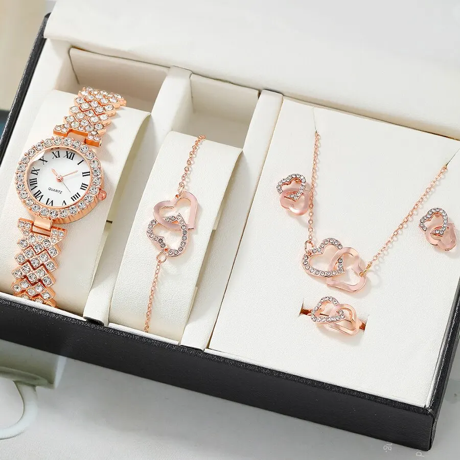 2/6pc Dainty Quartz Watch With Heart Jewelry Set For Women Rhinestone Watch Double Heart Necklace Bracelet Earrings Ring Set