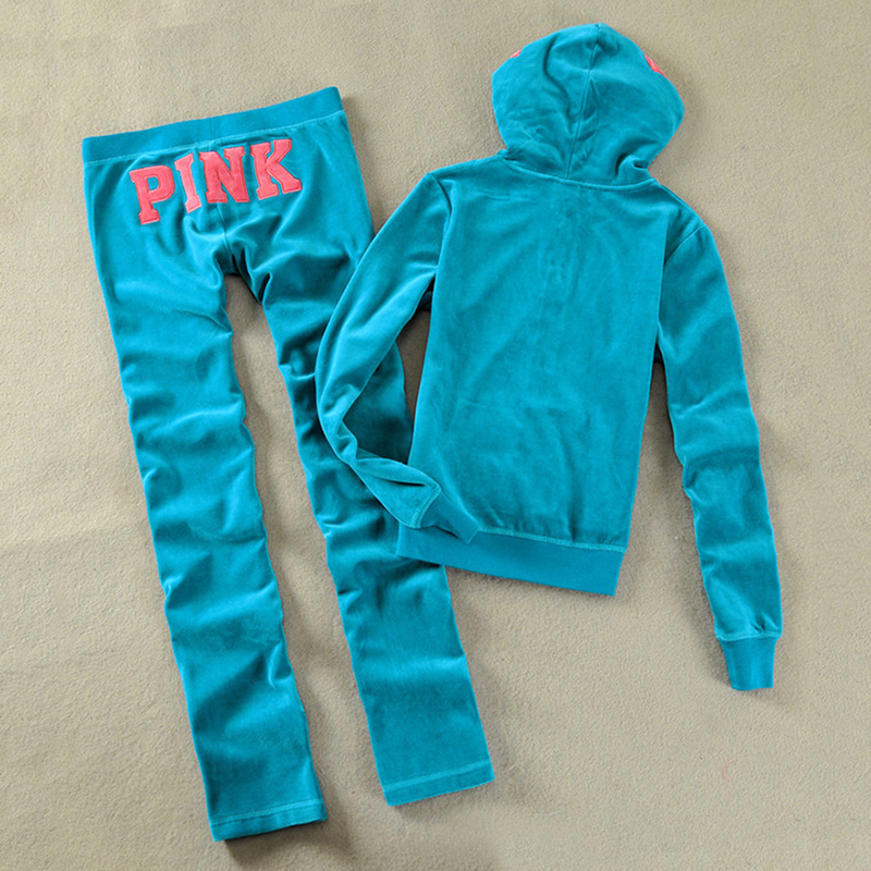 PINK Velvet Tracksuits for Women - Zipper Hoodie and Embroidered Letter Jogger Pants Two-Piece Casual Lounge Set C260312