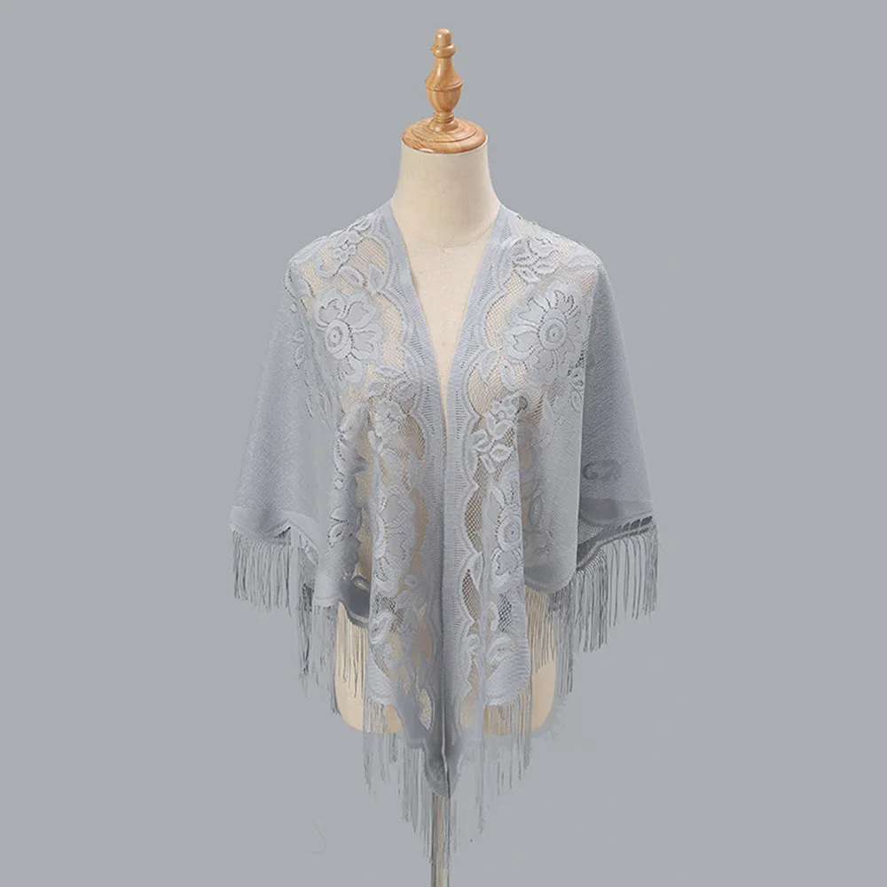 Lace Tassels Triangle Scarf Sheer Hollow Out Breathable Scarves Long Fringe Muslim Hijabs Evening Party Shawl Elegant Shawl
