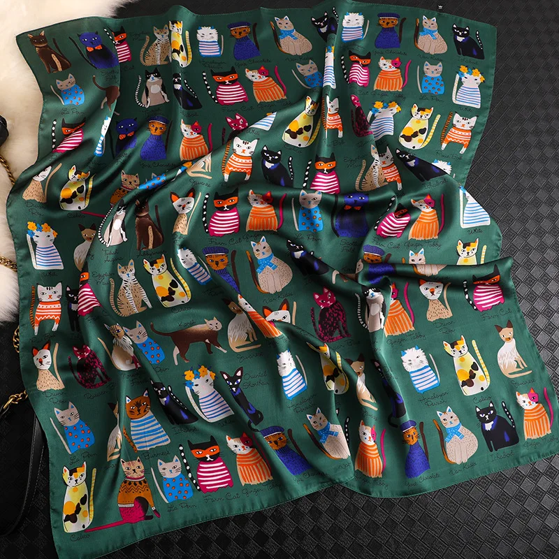 Spring and summer NEW 90x90cm 2025 Brand Silk Square Scarf Women new Tie Hairband Cat printed Scarves Female Foulard scarf stores