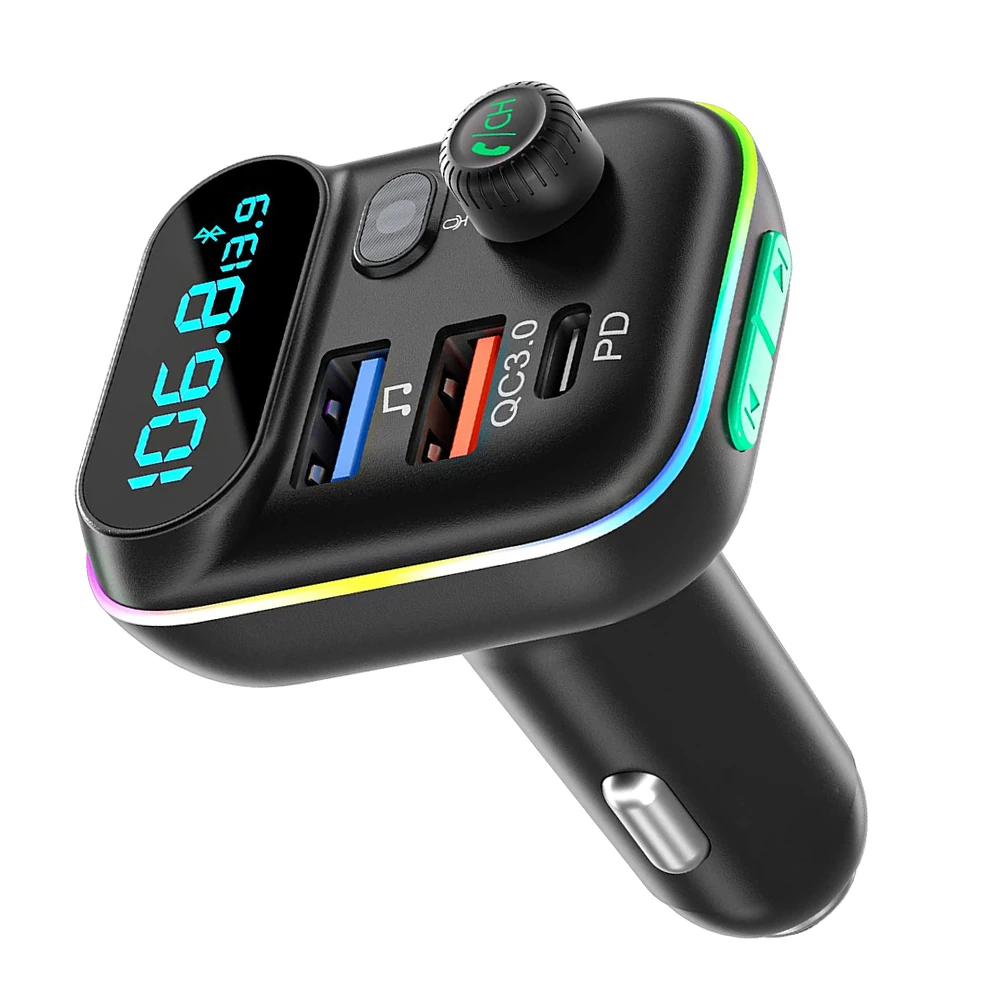 Car Bluetooth 5.0 FM Transmitter QC3.0 PD Type C Dual USB 2025 Car Charger new Ambient Light Handsfree Mp3 Player Support TF Card