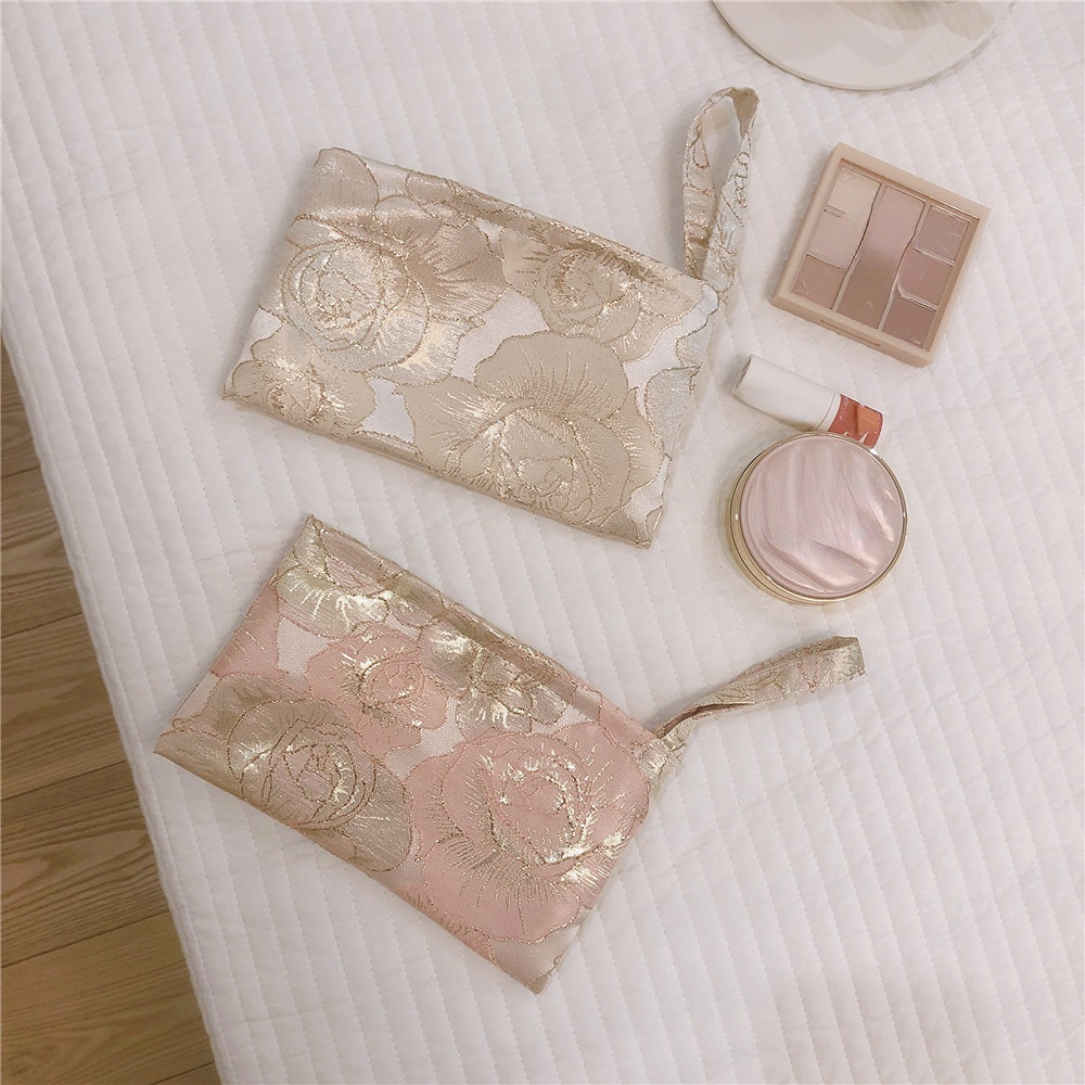 2025 Pink Floral Print Women's Cosmetic Bag Retro Flower Ladies Small Clutch Purse new Travel Handbags Student Pencil Case Storage Bags