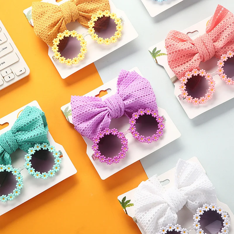 Sun Flower Sunglasses Bow Hairband Set Cute new Baby Girls Hair Accessories Newborn Head Bands 2025 Summer Beach Photography Props 2Pcs