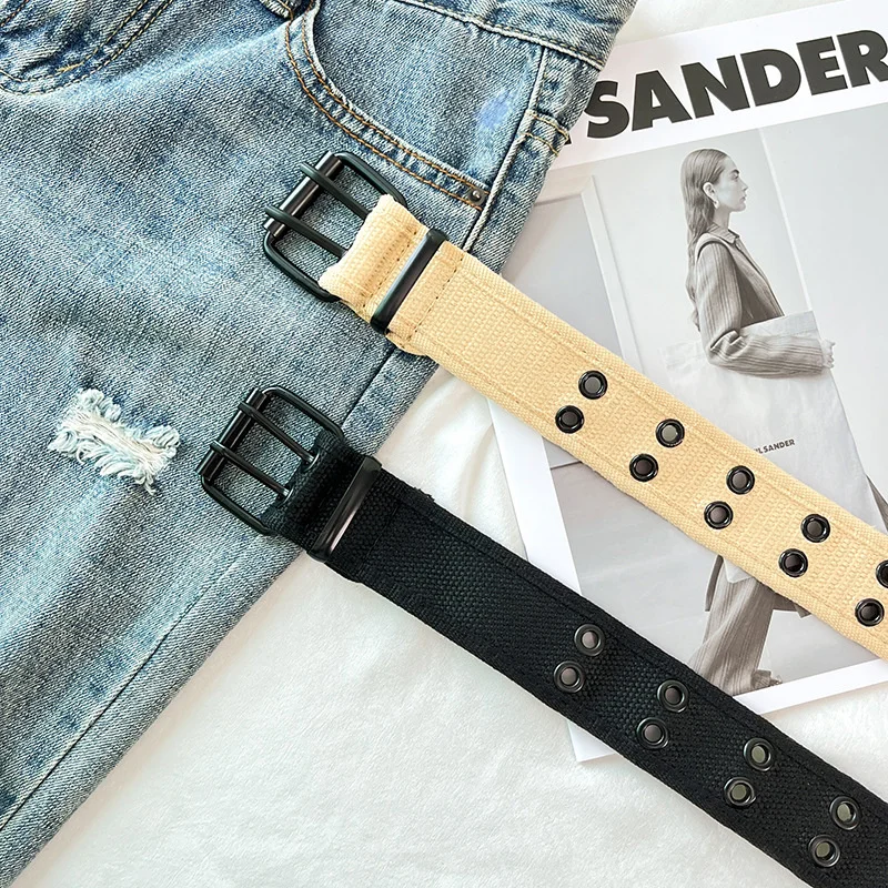 New 2025 Design Haruku Wide Waistband Canvas Web Double Grommet new Hole Buckle Belt Female Male Waist Strap Belts For Women Men