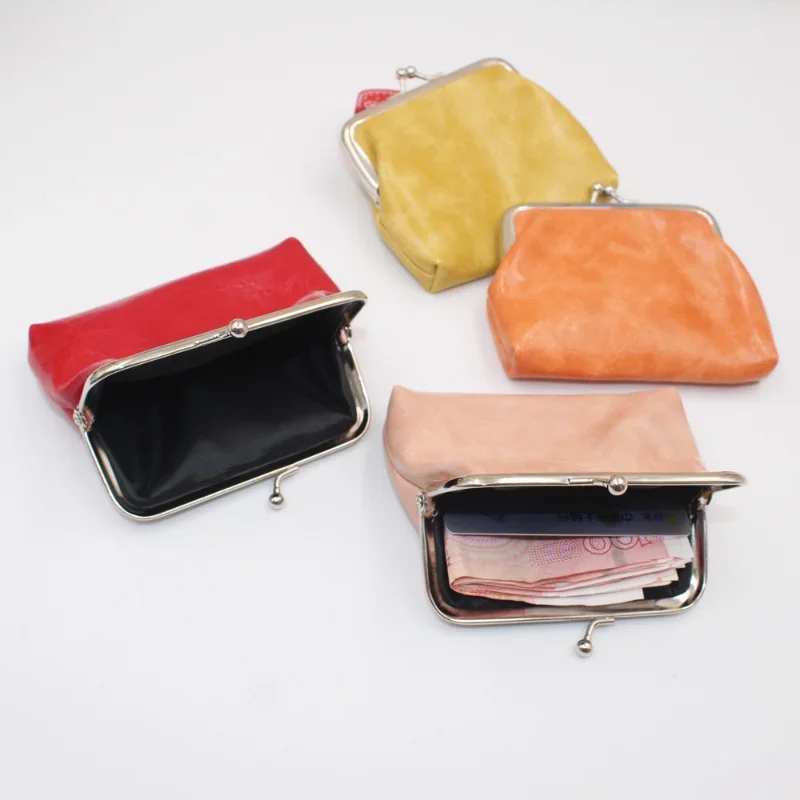 Coin Purse Oil Wax Leather Wallet 4 Inch Buckle Mini Wallet Coin Bag Lipstick Storage Bag Ladies ClutchBag Purses for Women