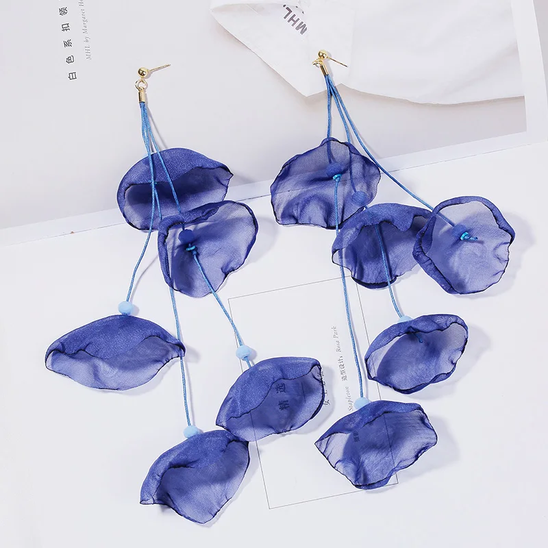 New Elegant Petals Dangle Earings Women Girls Exquisite 2025 Organza Flowers Long Tassels new Pendant Drop Earings Party Jewelry Gifts