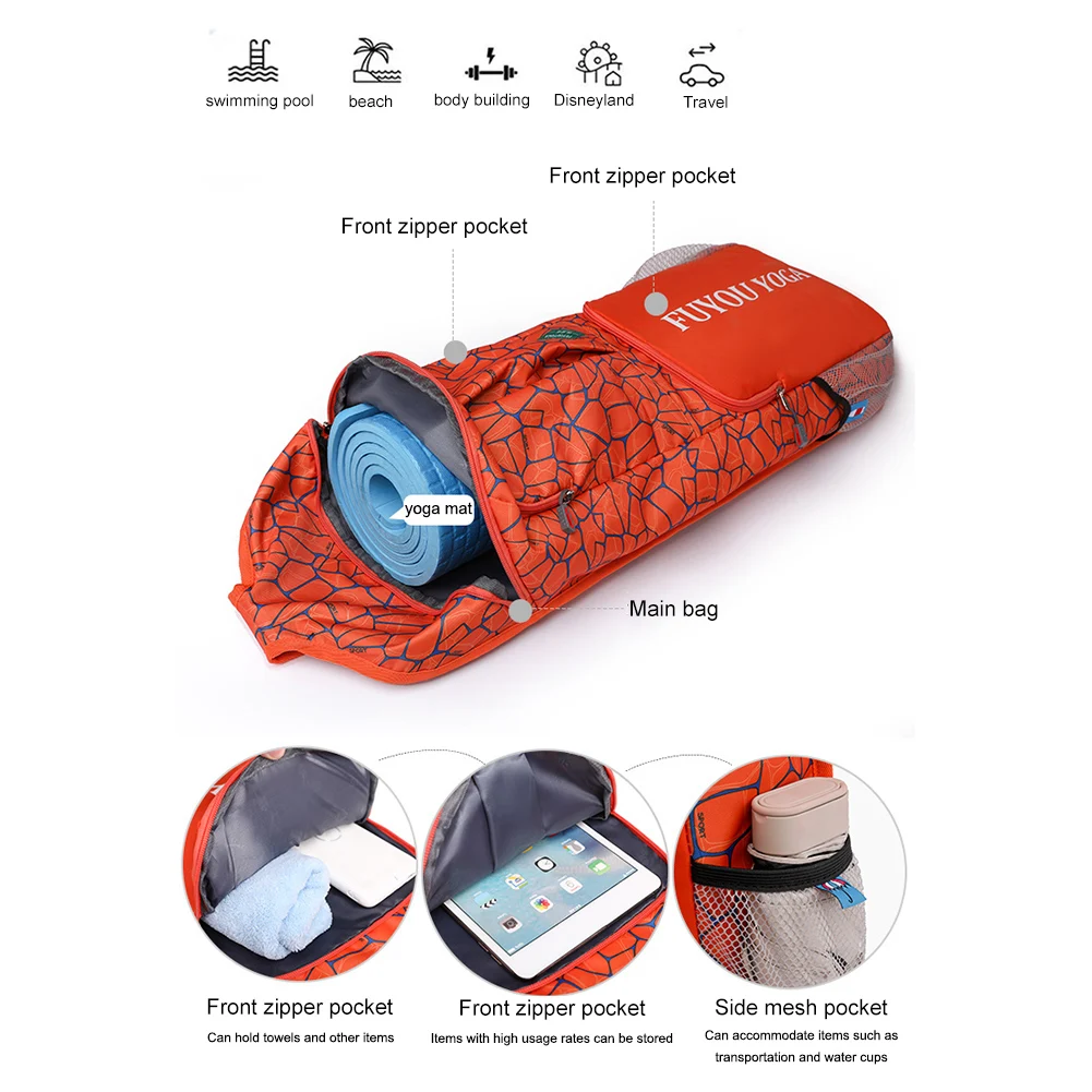 Yoga Mat Storage Pocket Adjustable Full-Zip Cargo Bag With Shoulder Strap Canvas Knapsack Gym Bag Carrier Holder Tote Bag