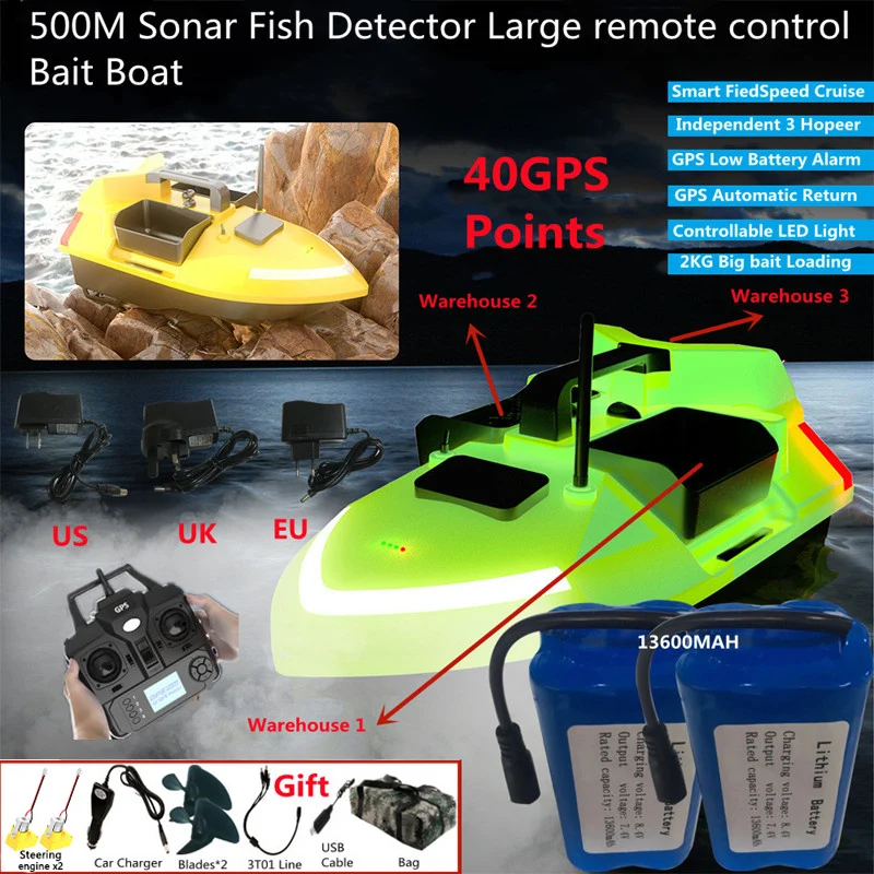 500M GPS Positioning Large High Speed Remote Control Bait Boat 40GPS 2KG LCD Display Screen Independent 3Hopper RC Fishing Boat