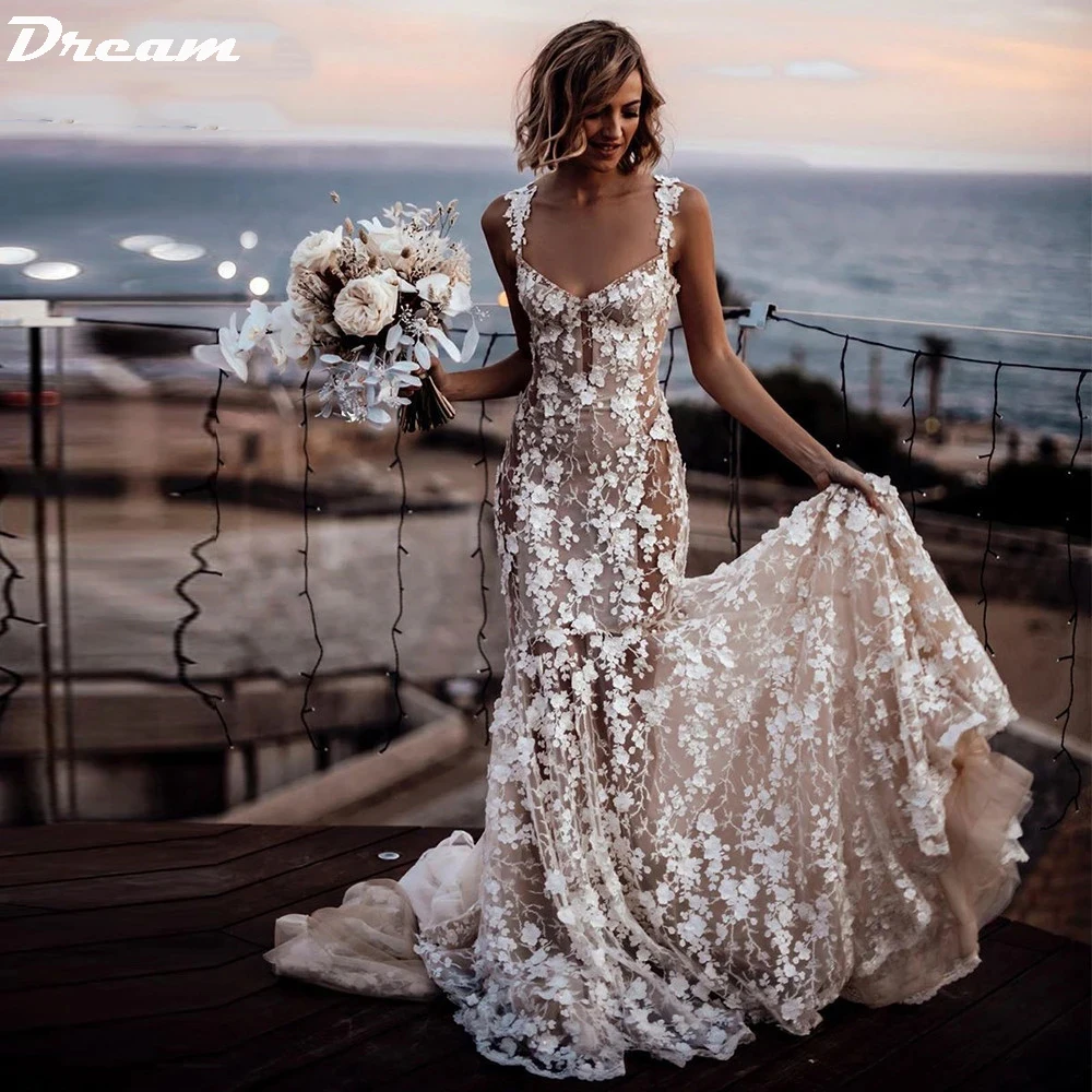 Droom Luxe 3d Kant Appliques Zeemeermin Trouwjurken Sweetheart Spaghettibandjes Rugloze Bruid Jurk Gebloemd Strand Boho Bruids