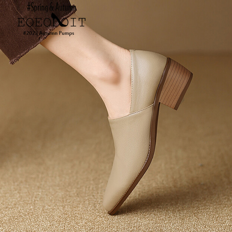 2024 Ins Leather Heeled Shoes Women Retro Pointed Toe Chunky Heel Pumps Deep Mouth Medium Heel Spring Autumn Rain shoes