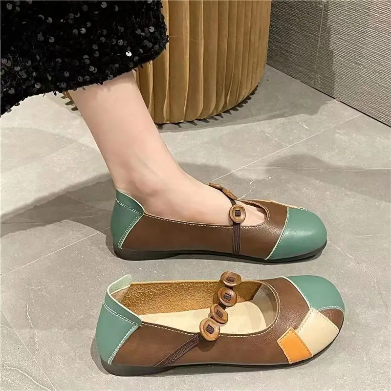 Designer Patchwork Leather Moccasins Mom Flat Vintage Mary Janes Shoes Wide Feet 2025 Hook Loop new Ballt Flats Women Soft Sewing Loafers