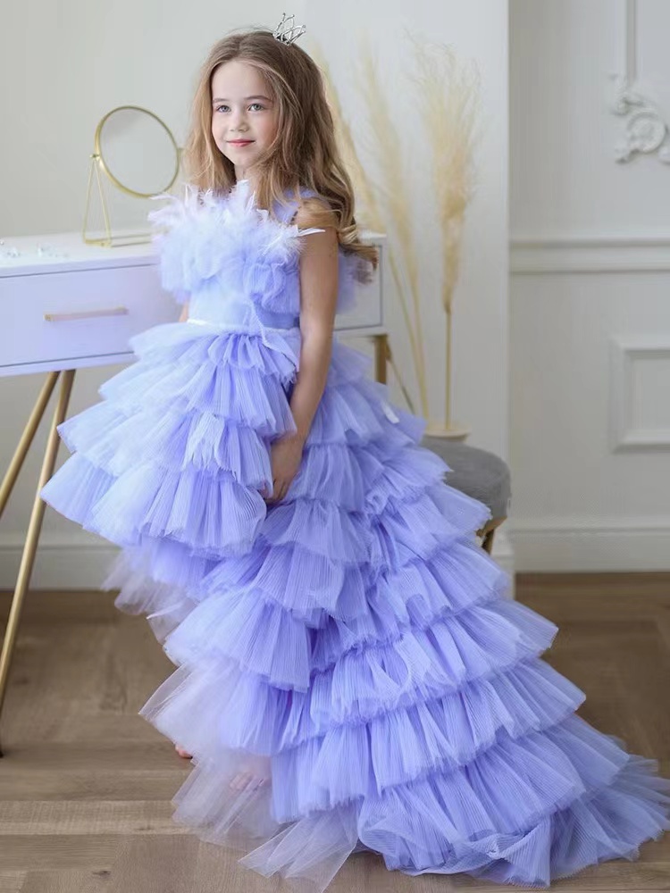 Kids Elegant Birthday Dress Formal Wear high low Ball Gown Flower Girl Dresses for Wedding TUTU Cute Princess Kids Gown communion pageant dresses mult