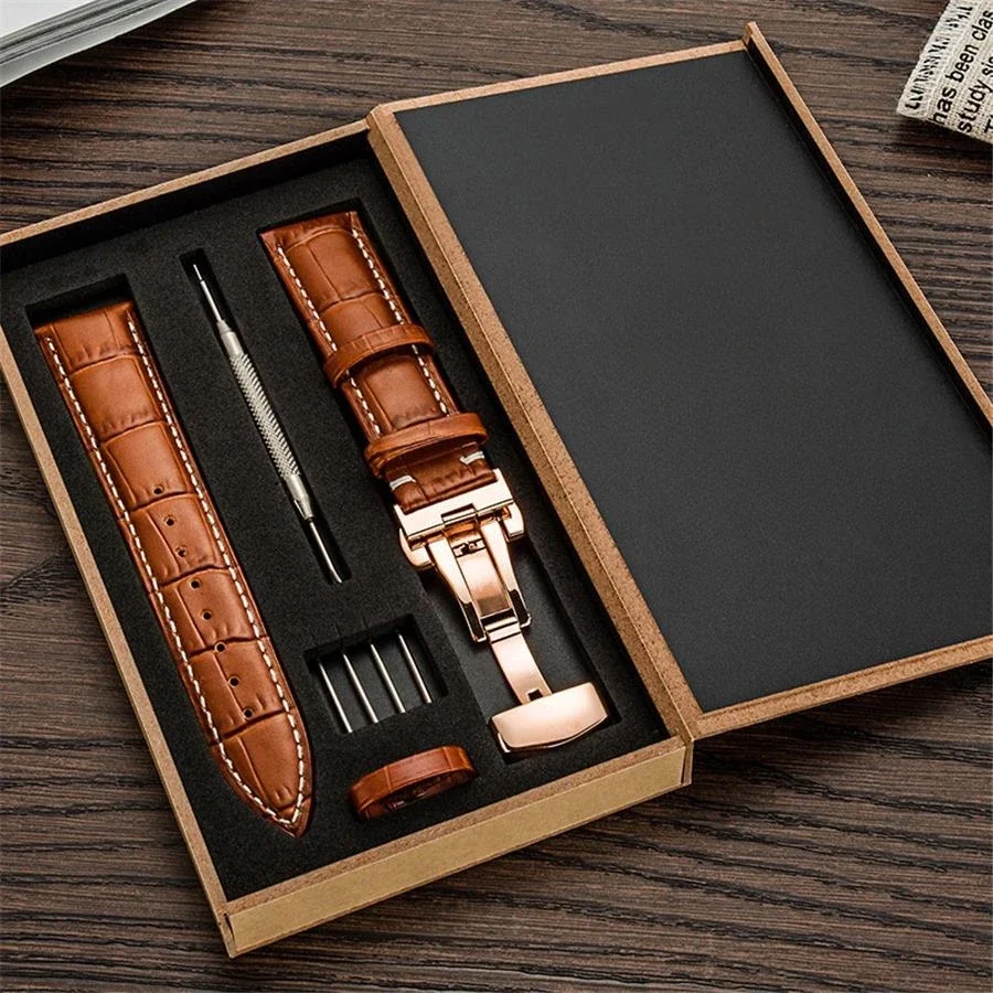 Genuine Leather Strap 20mm 22mm Watch Band with Watchband Box Butterfly Clasp Watchband Replacement Bracelet Watch Accessories