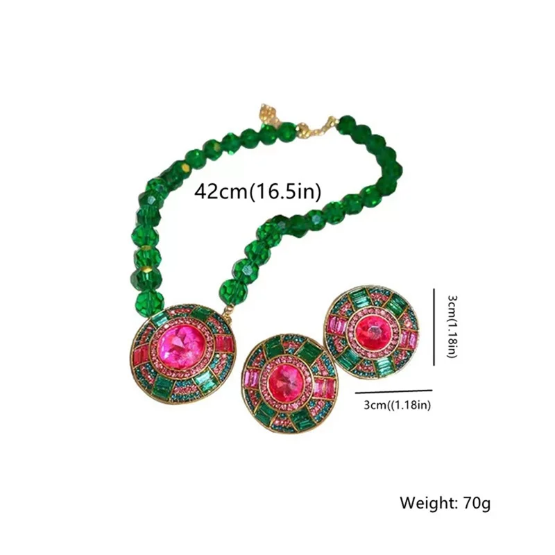Luxury Green Crystal Necklace Earrings For Women Geometric Colourful Earrings Weddings Banquet Jewelry Sets