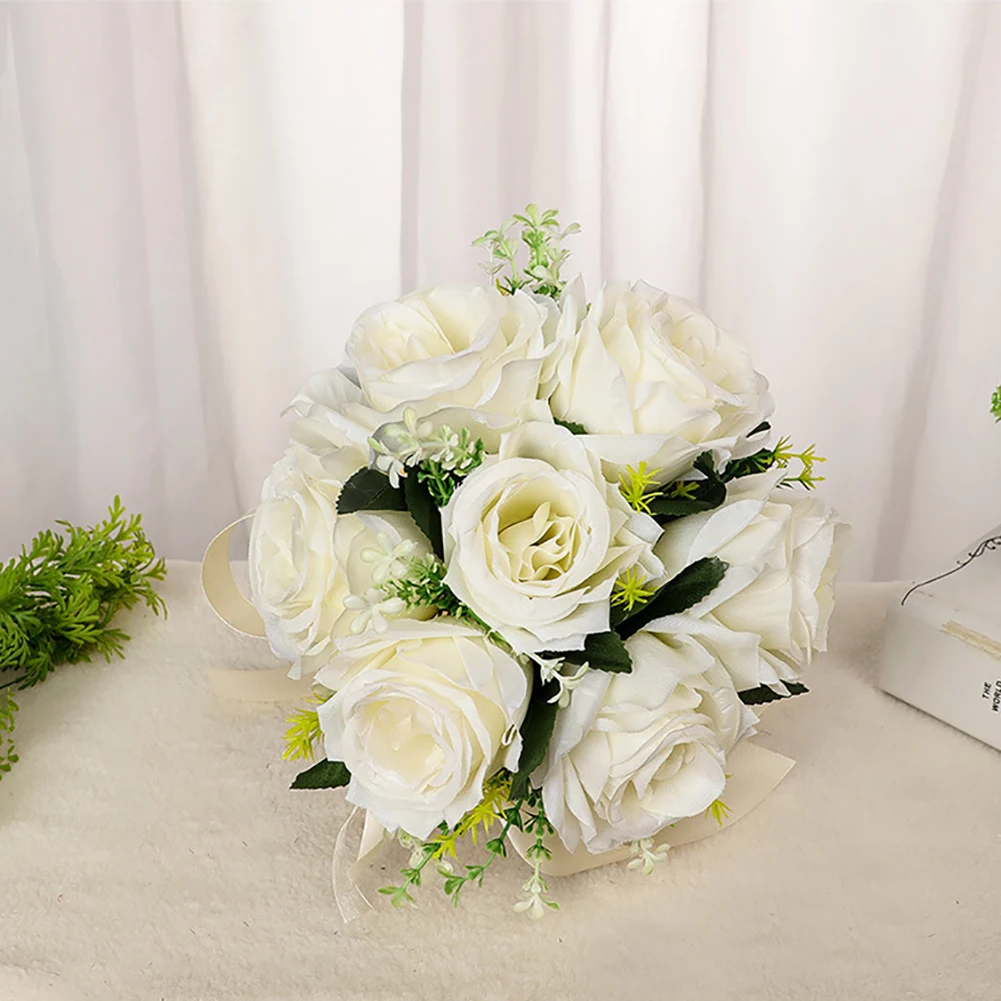 Bridal Bridesmaid Wedding Bouquet White Silk Flowers Roses Artificial Bride Bouquet Holding Flowers Mariage Wedding Accessories