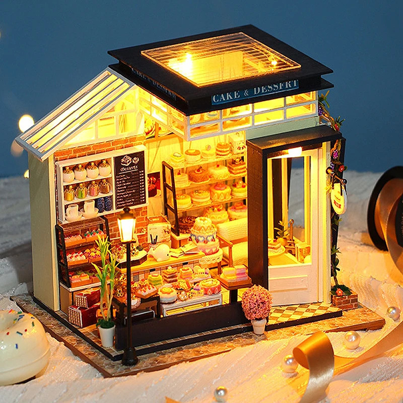 Cake shop Doll House Mini DIY Small Kit Building Assembly Model DIY Handmade 3D Puzzle Kit With LED Toy For Kids Gifts DollHouse 240518
