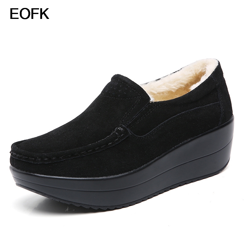 EOFK Women Winter Flats Shoes Loafers Genuine Leather Thickened Wool Warm Platform Moccasins Ladies Floors