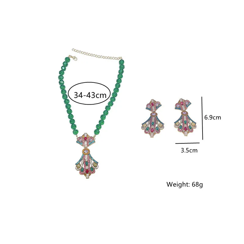 Vintage Baroque Style Green Beads Necklace For Women Geometric Colourful Crystal Earrings Banquet Jewelry Sets