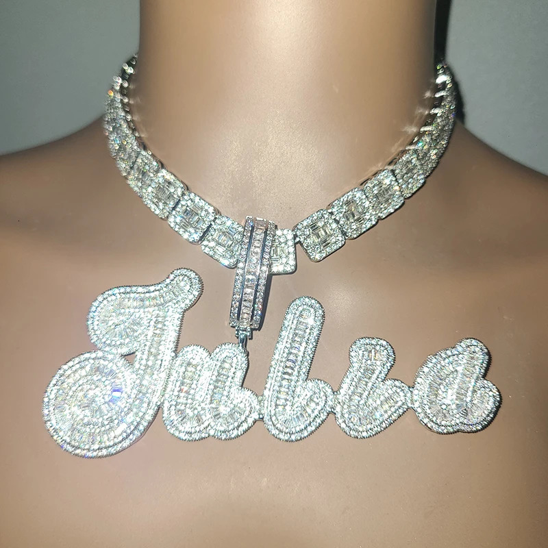 Custom Big Brush Cursive Iced Out Name Pendant Bubble Letters Word Necklace With Rhinestone Baguettes Chain Letter Jewelry 240514