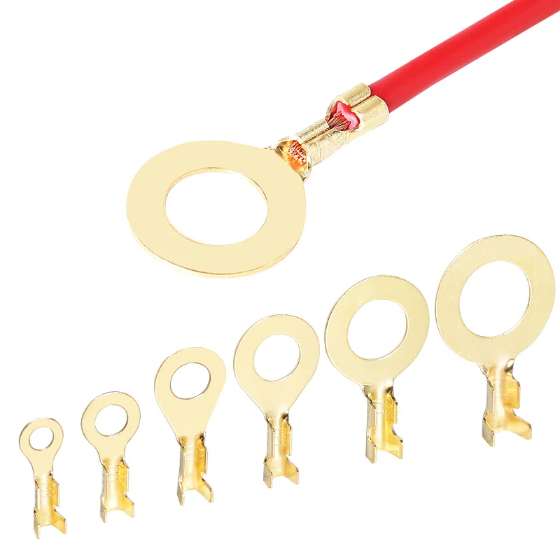 100PCS Ring Crimp Terminal Lugs Electrical Wire Cable Connectors Gold Brass M3 M4 M5 M6 M8 M10 O-Shoe Type Plug for Splice Screw