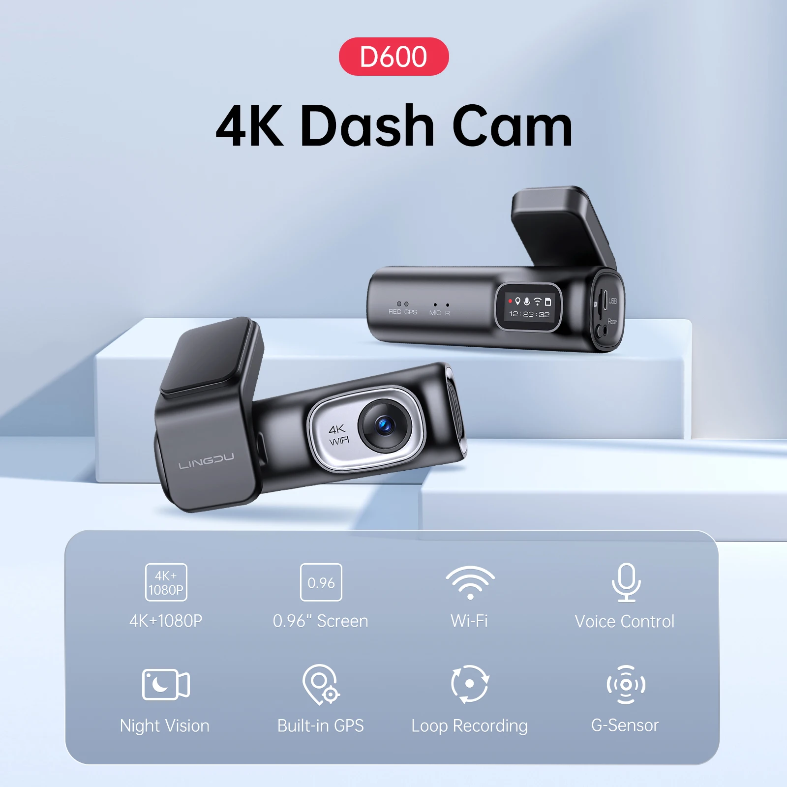 LINGDU D600 4K 2160P UHD Dash Cam Car DVR WiFi Camera Built in GPS Voice Control 24H Parking Monitor 150°FOV Night Vision