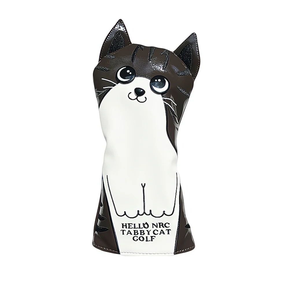 Cute Cat Golf Headcover PU Leather Waterproof Durable Golf Wood Cover for Driver Fairway Hybrid Golf Club Head Cover Brown