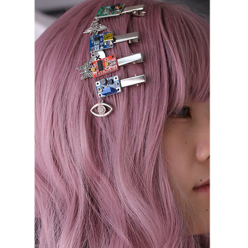 Gothic Cyberpunk Circuit Board Hairpin Eye Heart Butterfly Pendant Side Clip for Women Cool Girl Punk Trendy Y2K Jewelry HUANZHI