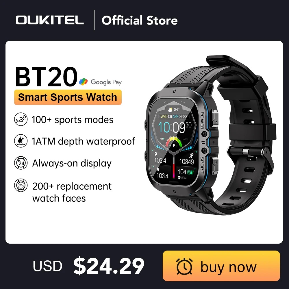 Oukitel BT20 2024 Rugged Smartwatch Sport Smart Watch For Men 350mAh BT 5.2 1.96 Inch AMOLED Display Men's Smartwatch