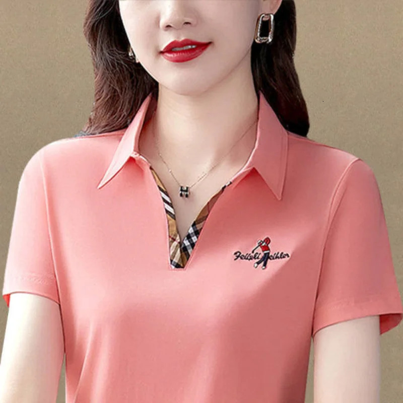 POLO Women Summer Fashion Pure Cotton Summer Women Short Sleeve Golf Polo Shirt Loose Top Lapel Large Size T-shirt 240521