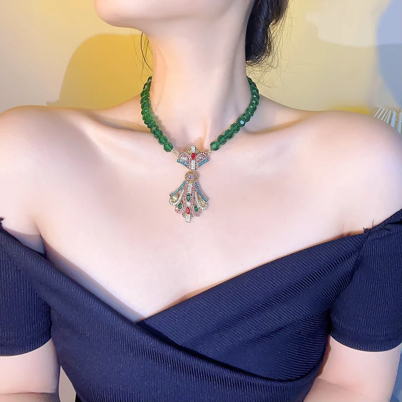 Vintage Baroque Style Green Beads Necklace For Women Geometric Colourful Crystal Earrings Banquet Jewelry Sets