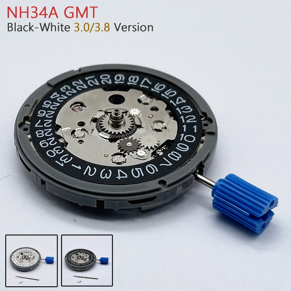 Genuine Japan GMT NH34 Movement Black White Disc Crown at 3.0/3.8 O'clock Mod NH34A with Dial Washer Spare Stem Parts Original