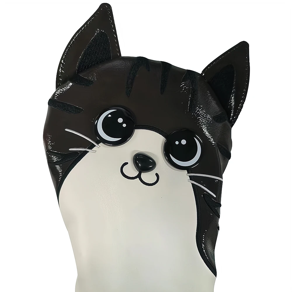 Cute Cat Golf Headcover PU Leather Waterproof Durable Golf Wood Cover for Driver Fairway Hybrid Golf Club Head Cover Brown