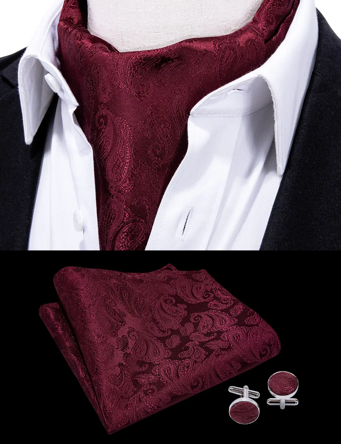 Wedding Red Paisley Silk Cravat Tie For Men Exquisite Jacquard High Quality Ascoat Kerchief Cufflinks Sets Gifts Barry.Wang 0001