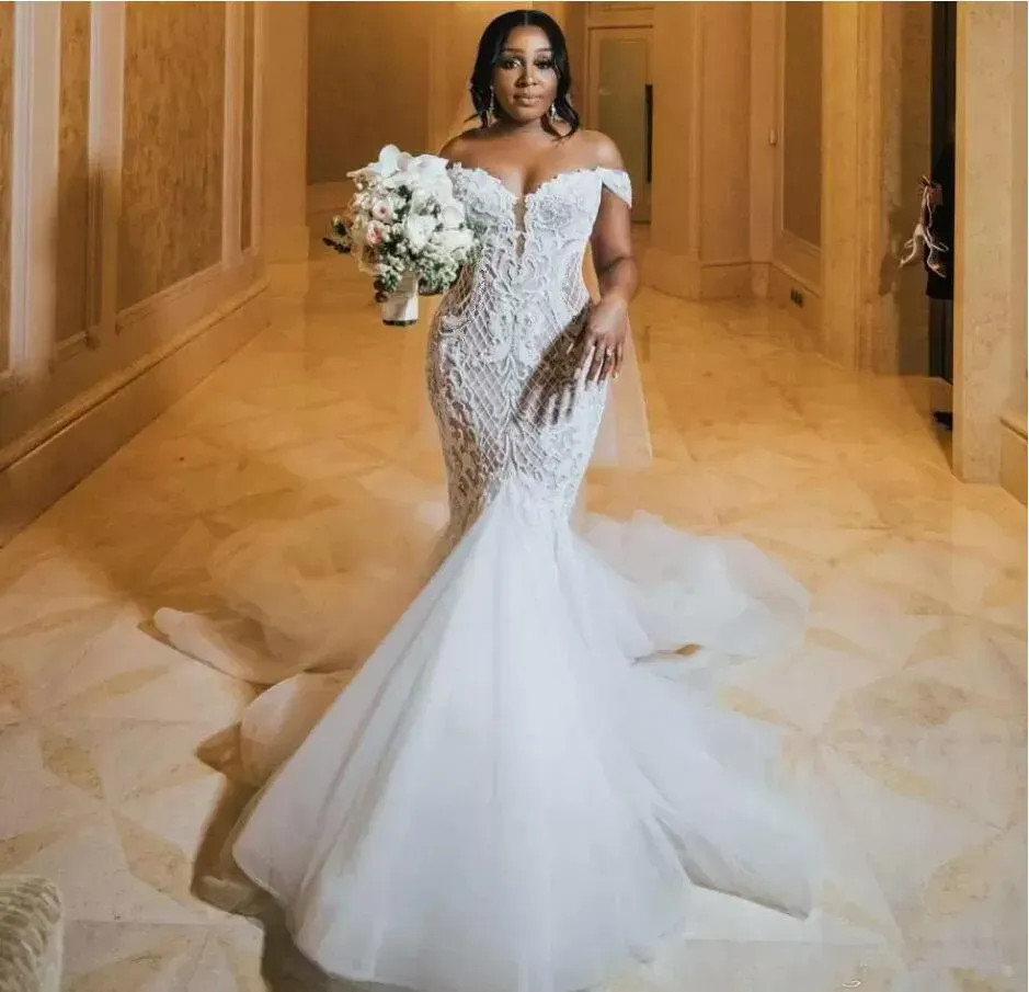 Sexy Off The Shoulder Wedding Dresses Mermaid Floor Length Bridal Gowns Lace Appliques Boho Beach Bride Dress Vestido De Novia Appliques