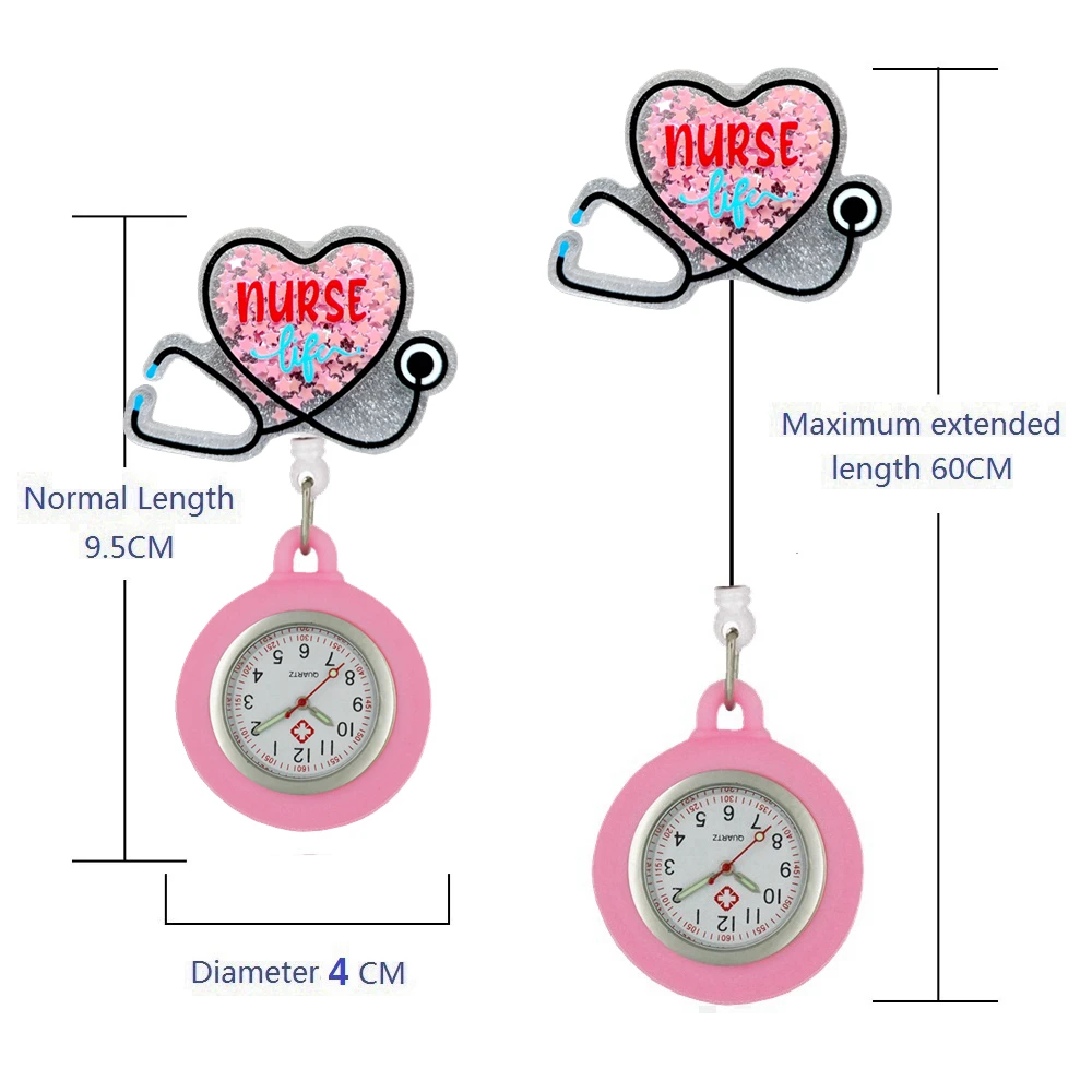 Sliding Shiny Stars Plastic Retractable Hospital Medical Icons Heart Nurse Doctor FOB Pocket Watches Clip Hang Medicine Clock