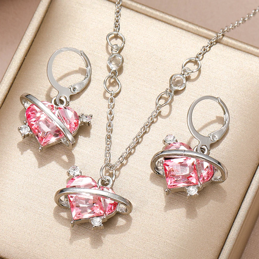 Pink Peach Love Heart Planet Crystal Rhinestone Pendant Necklace Earrings Jewelry Set for Women Teens Creative Banquet Accessory